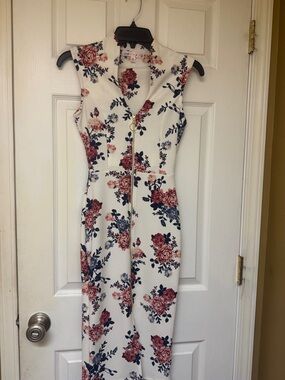 Crave Fame White Midi Dress with Pink and Navy Floral Print
